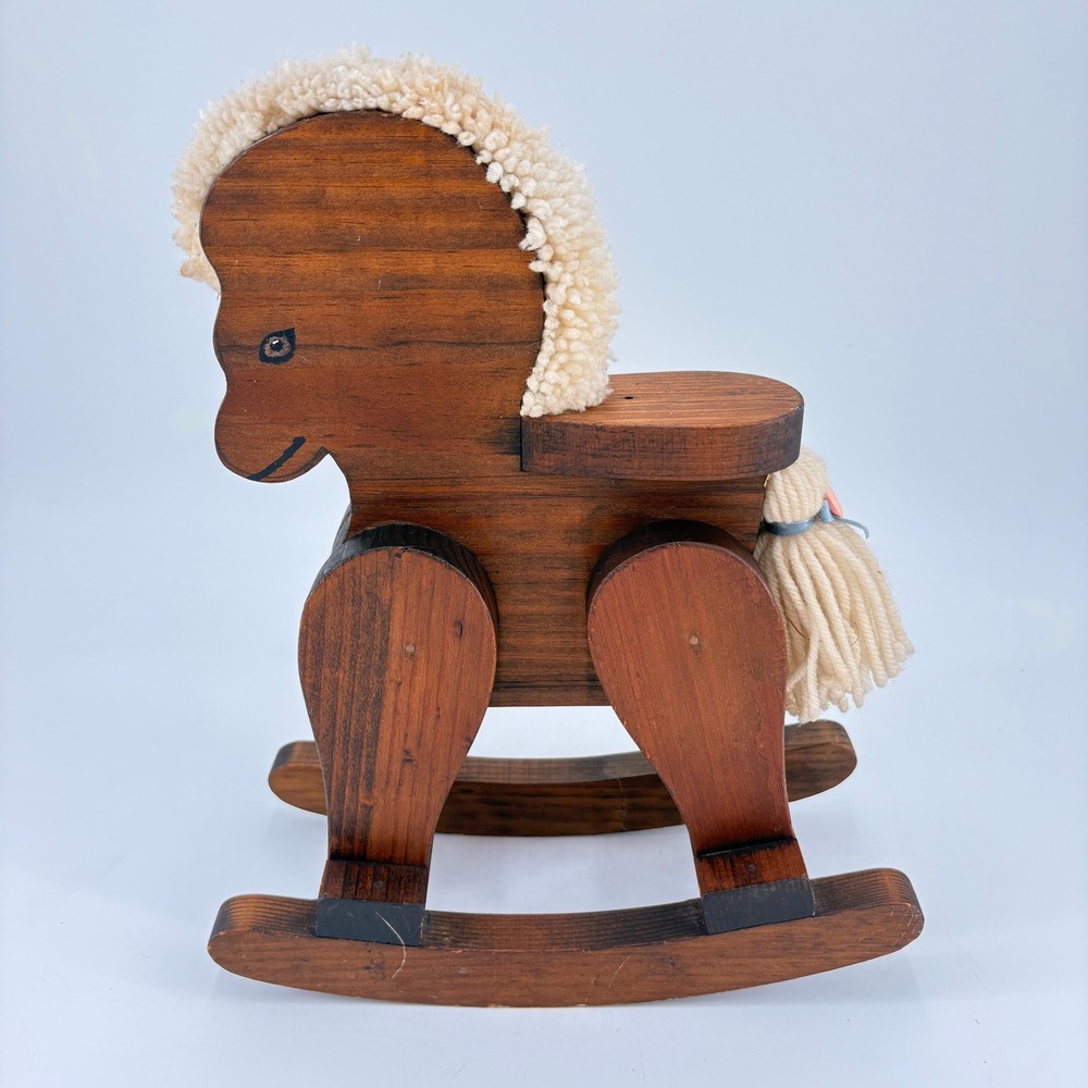 Vintage Handcrafted Wooden Rocking Horse Figurine Yarn Mane Heart Detail‎ - Picture 4 of 10